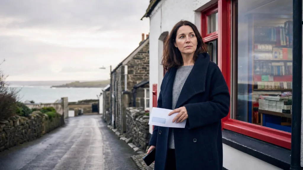 A thoughtful woman in rural Cornwall holding a cheque outside a small village post office on an overcast day.