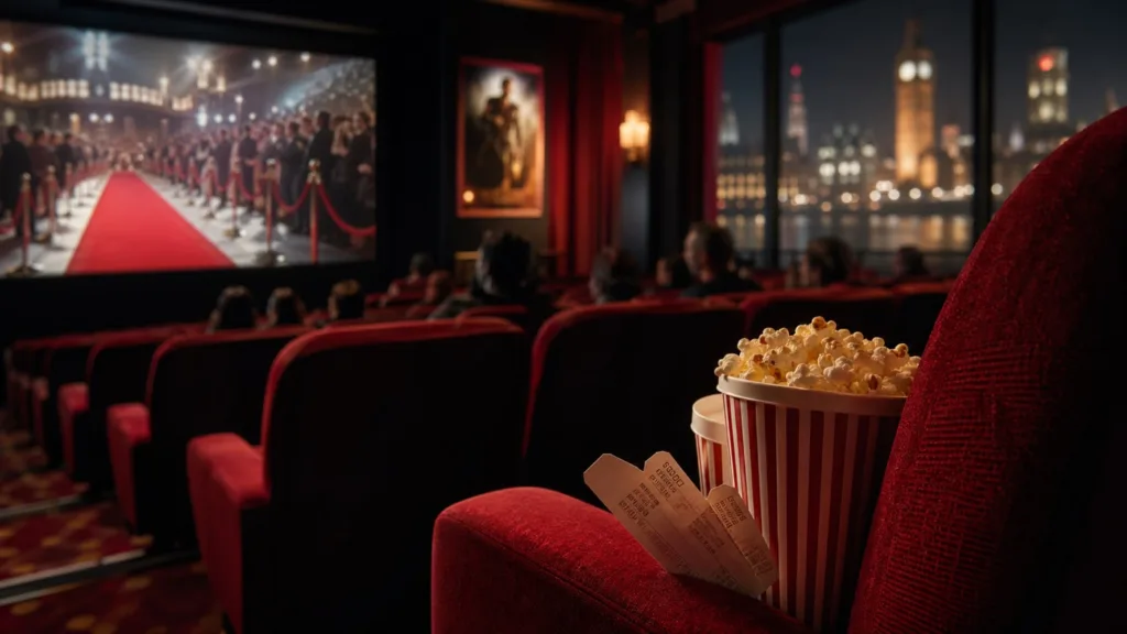 Stylish British cinema interior illustrating the best movies of 2026