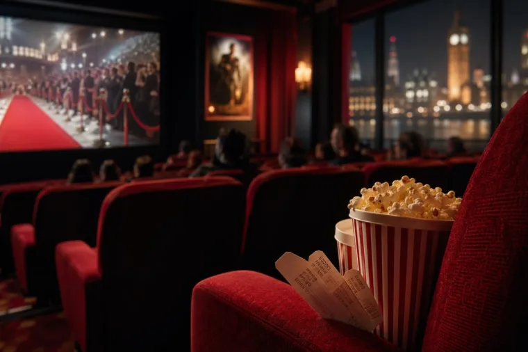 Stylish British cinema interior illustrating the best movies of 2026