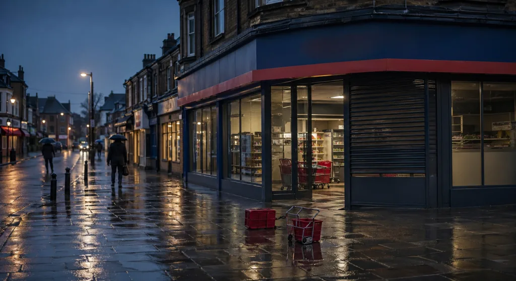 Rain-soaked British neighbourhood supermarket on a quiet high street at dusk, with baskets outside a partly shuttered store