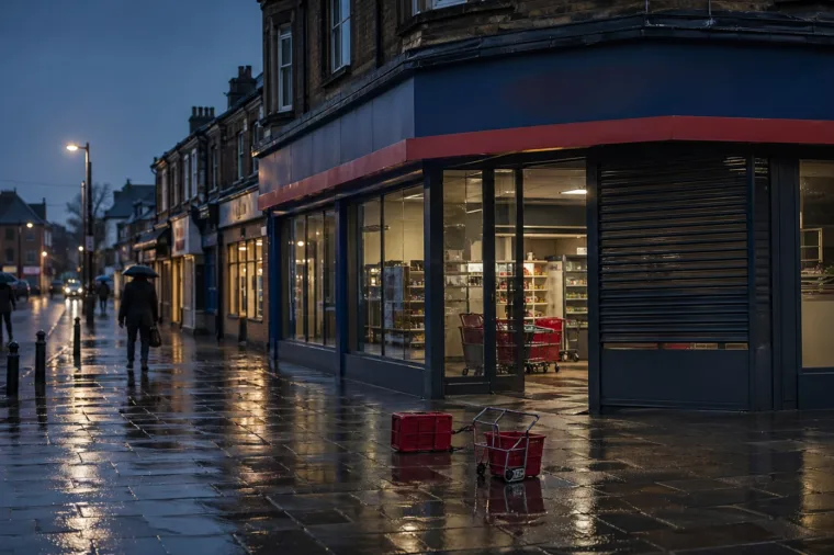 Rain-soaked British neighbourhood supermarket on a quiet high street at dusk, with baskets outside a partly shuttered store
