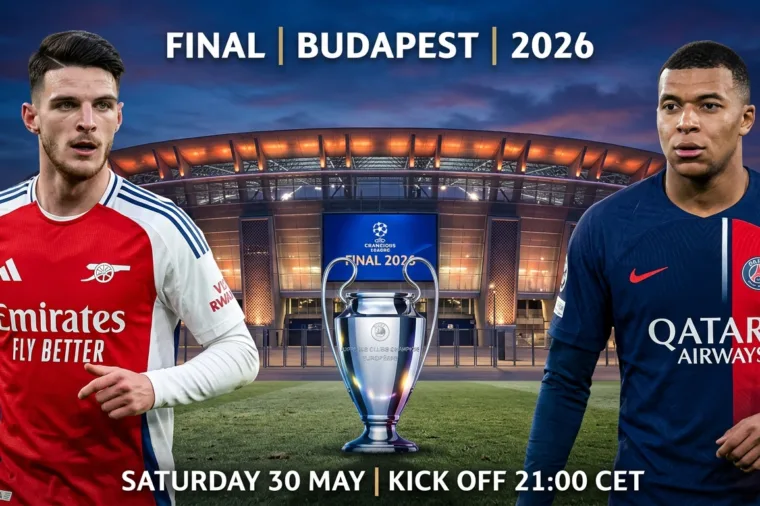 An editorial sports broadcast graphic for the 2026 UEFA Champions League final featuring Arsenal and PSG players with the European Cup trophy at the Puskas Arena in Budapest.