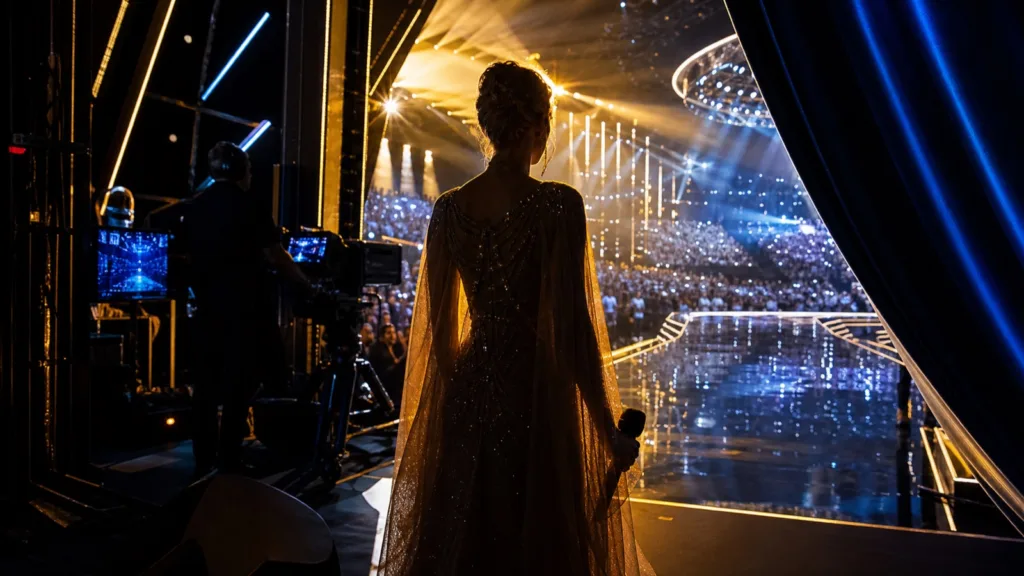 Performer silhouette stepping towards a brightly lit stage during a major live music show in Vienna