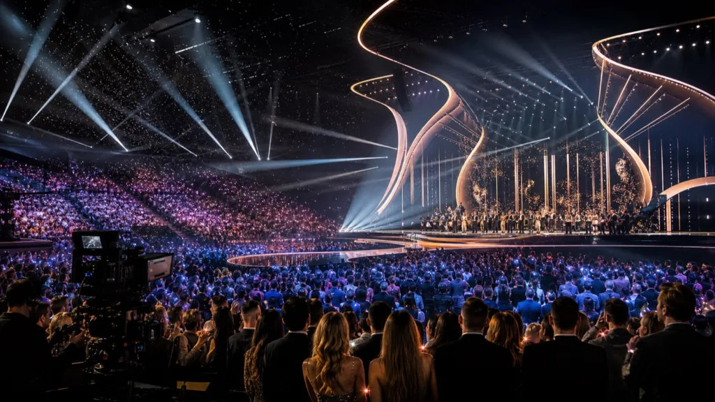 Crowded concert arena with dramatic lights and a live performance atmosphere ahead of the Eurovision 2026 final in Vienna