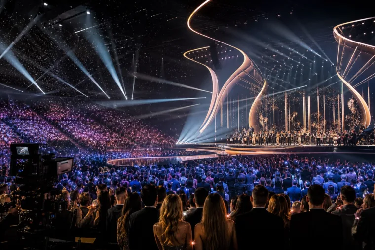 Crowded concert arena with dramatic lights and a live performance atmosphere ahead of the Eurovision 2026 final in Vienna