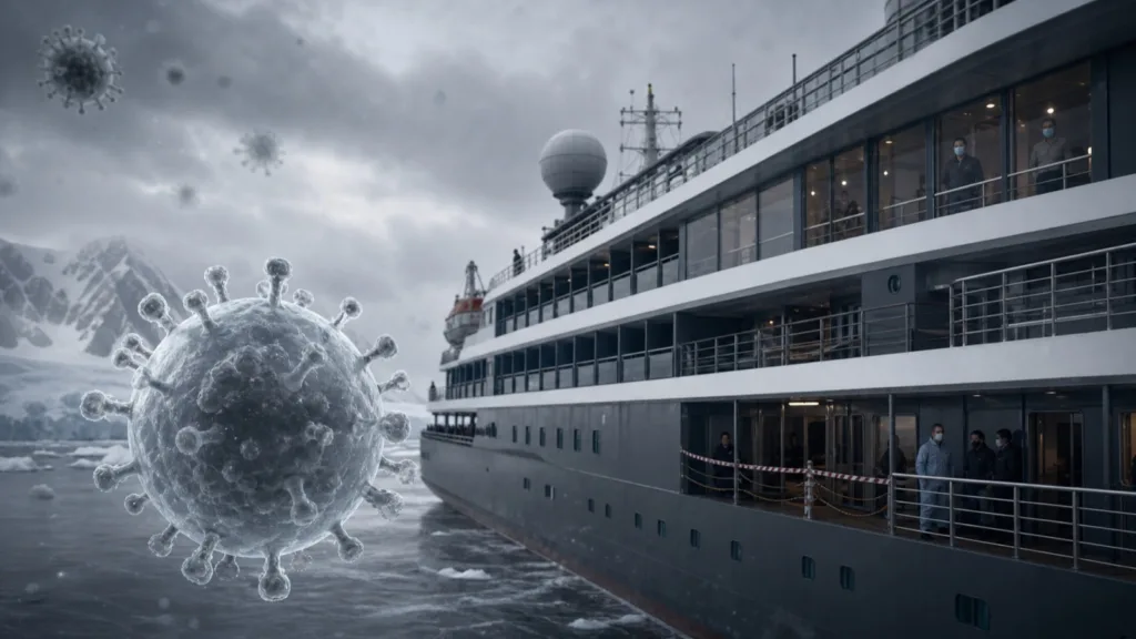 Expedition cruise ship in icy waters with a large virus particle in the foreground during a hantavirus outbreak