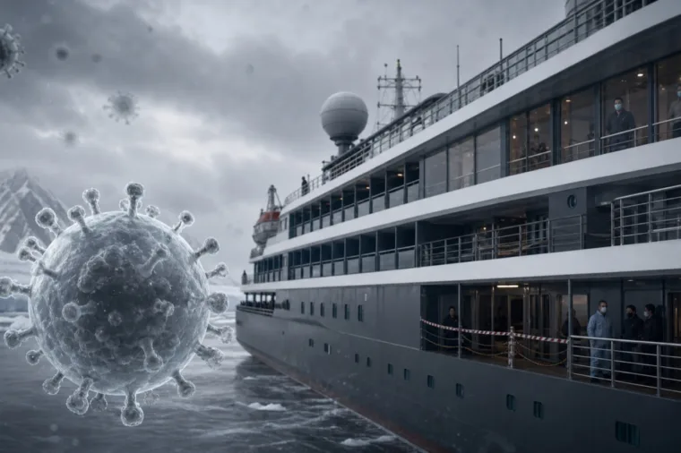 Expedition cruise ship in icy waters with a large virus particle in the foreground during a hantavirus outbreak