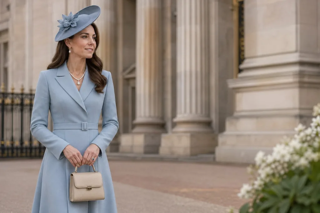Elegant royal-inspired fashion portrait illustrating Kate Middleton style 2026 near a palace setting