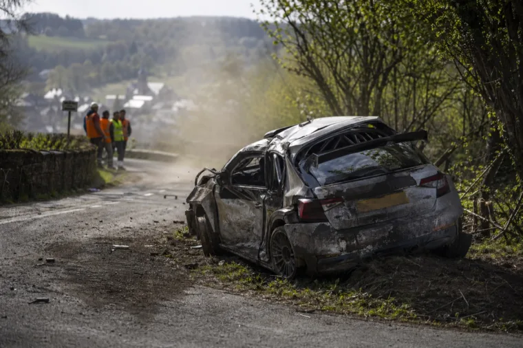Jos Verstappen's damaged rally car after a heavy crash at the Rallye de Wallonie in Belgium