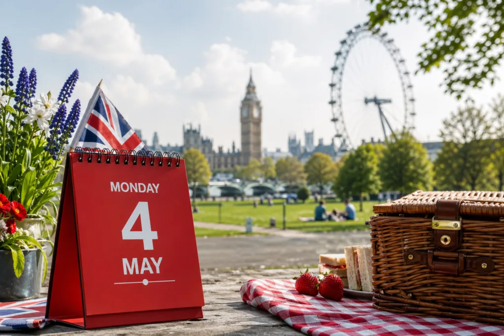 May bank holiday 2026 UK calendar with Monday 4 May in a spring London setting