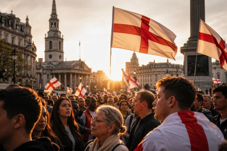 Crowds and St George's flags in London during St George's Day 2026 celebrations