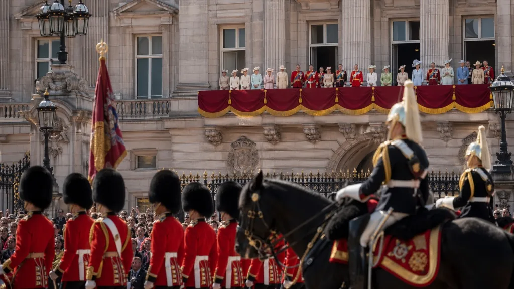 Trooping the Colour 2026 parade scene with Buckingham Palace balcony and elegant royal fashion styling