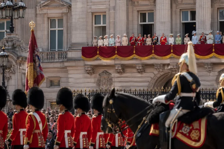 Trooping the Colour 2026 parade scene with Buckingham Palace balcony and elegant royal fashion styling